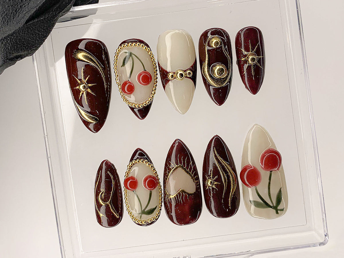 Luxury Red Cherry Press On Nails, Vibrant Luxurious Hand-Painted Star, Bow Acrylic Nail