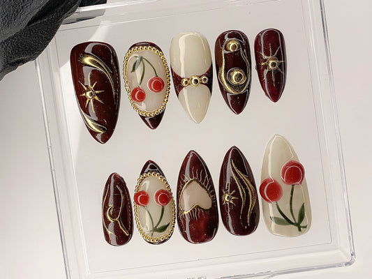 Luxury Red Cherry Press On Nails, Vibrant Luxurious Hand-Painted Star, Bow Acrylic Nail