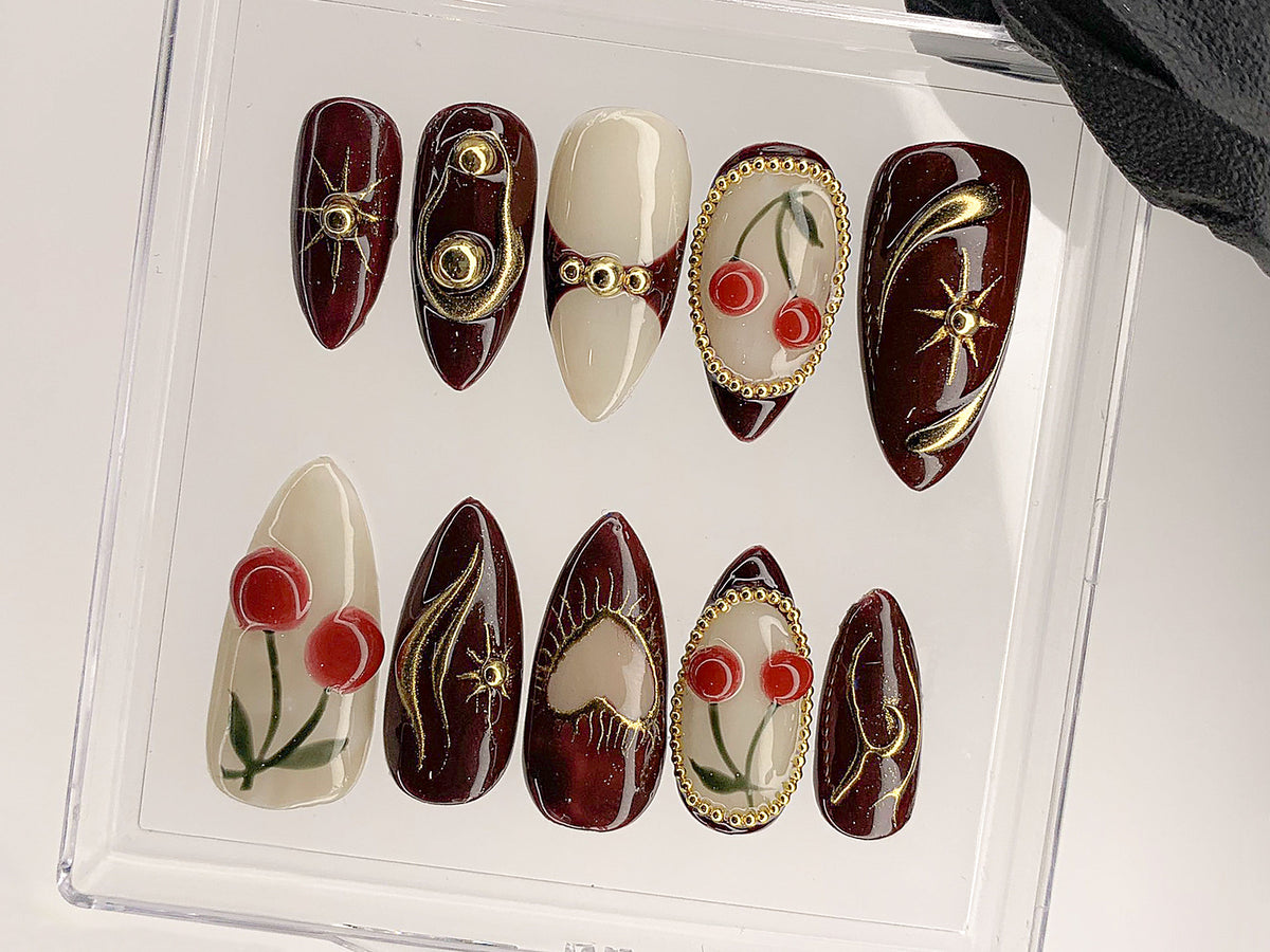 Luxury Red Cherry Press On Nails, Vibrant Luxurious Hand-Painted Star, Bow Acrylic Nail