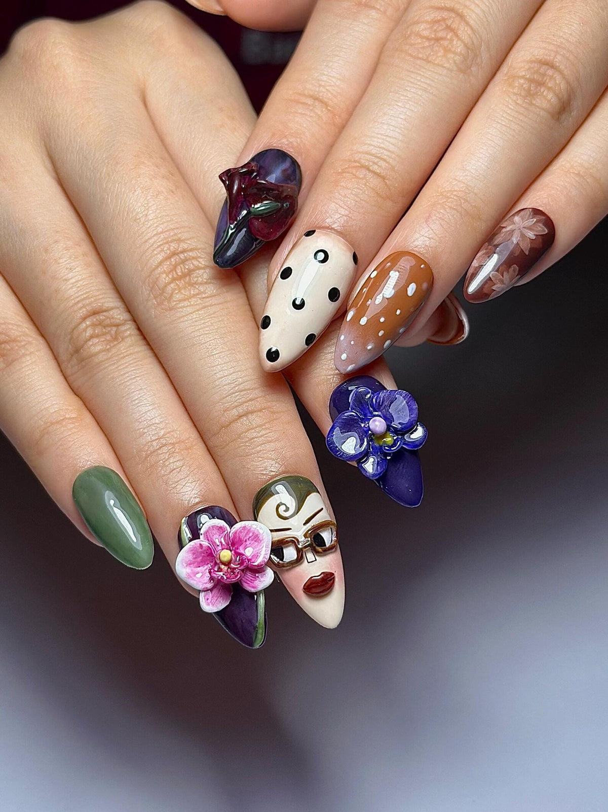 Vintage Doll Face Press On Nails, Abstract Portrait Nail Art, 3D Orchid Nails, Indie