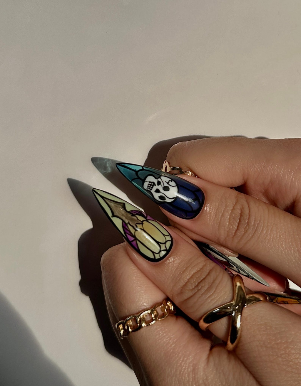 Stained Glass Halloween Press On Nails Ghost Pumpkin Bat Nail Art Colorful Spooky Nail Design Handpainted Halloween Nails