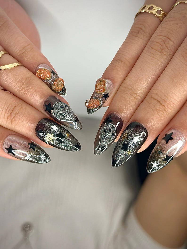 Pumpkin Gothic Press On Nails, Halloween Black & Orange Nails, Handmade Spooky Nail