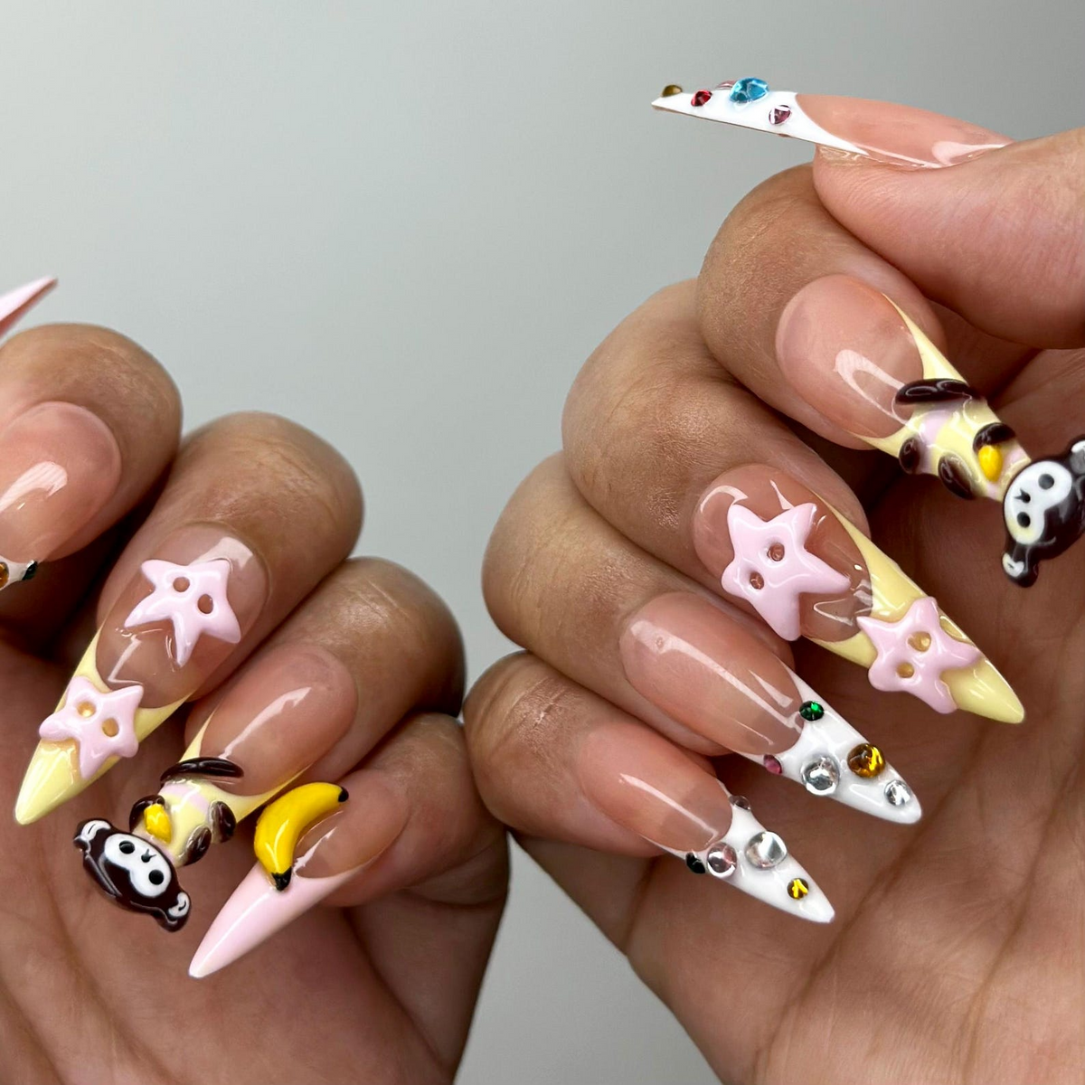 3D Monkey Banana Press On Nails Cute Pink Star & Fruit Fake Nails Kawaii Handmade Nail Art Playful Cute Nails Cartoon Nails