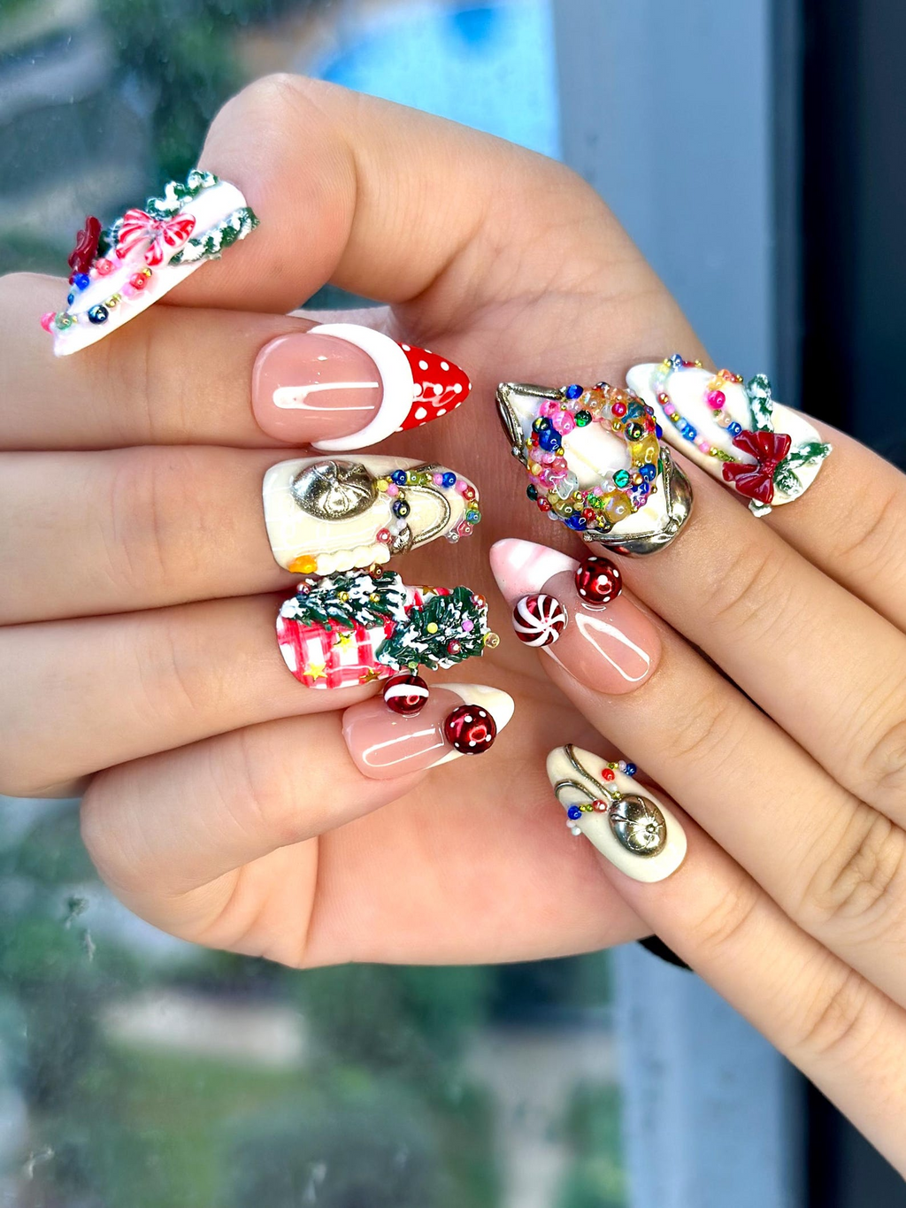 Merry Knit Christmas Press On Nails, 3D Bow Christmas Nail Art, Green Red Holiday Press