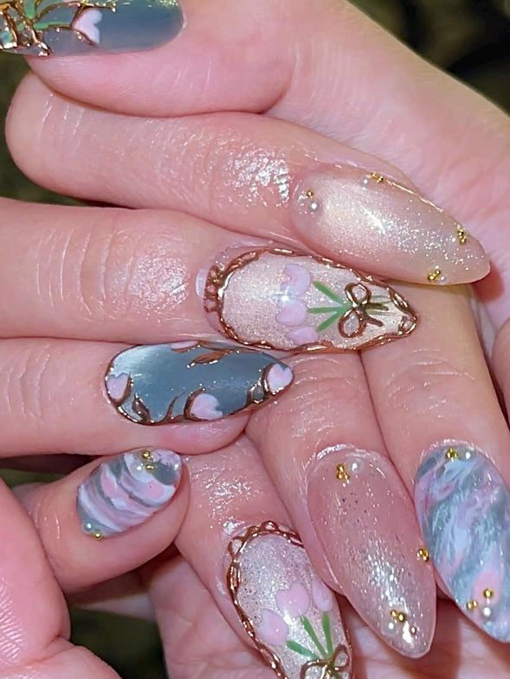 Vintage Tulip Press On Nails, Sage Green and Pink Marble Nails with Gold Rose Frame
