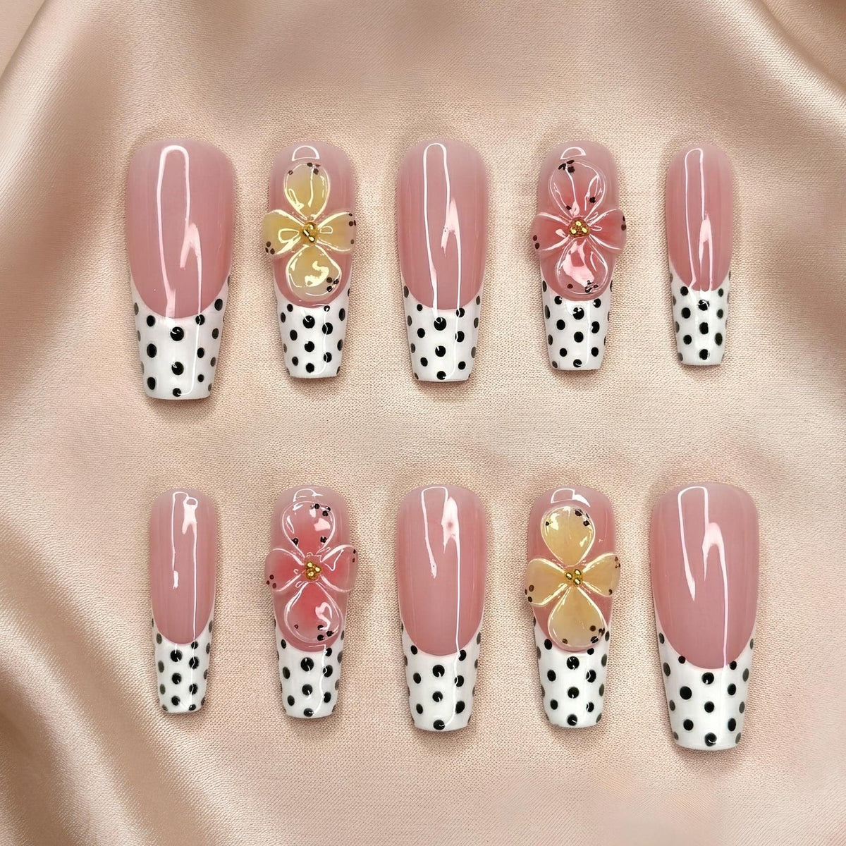 Retro Polka Dot Press On Nails, 3D Floral French Tip, Y2K Pastel Summer Nails, Bold
