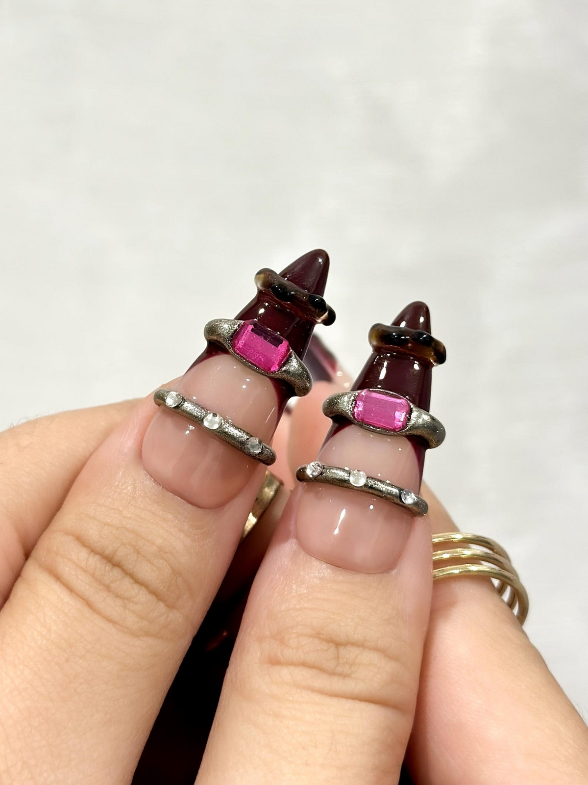 Gothic Ruby Witch Press On Nails Red Black Sorcery Nail Art 3D Ring Accents & Mystic Symbols Luxury Dark Glam Set