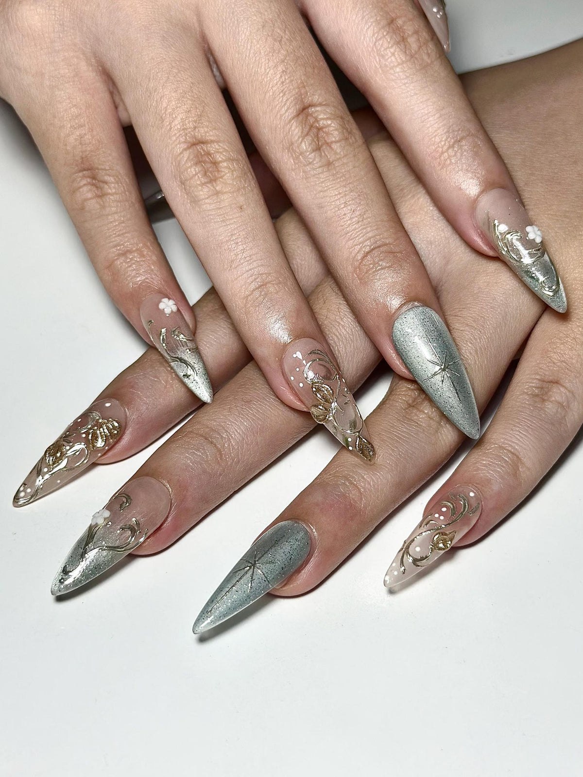 Elegant Gold Floral Cat eyes Nails, Nude Sage Blue Nails, Luxury Minimal Nails, Jasmin