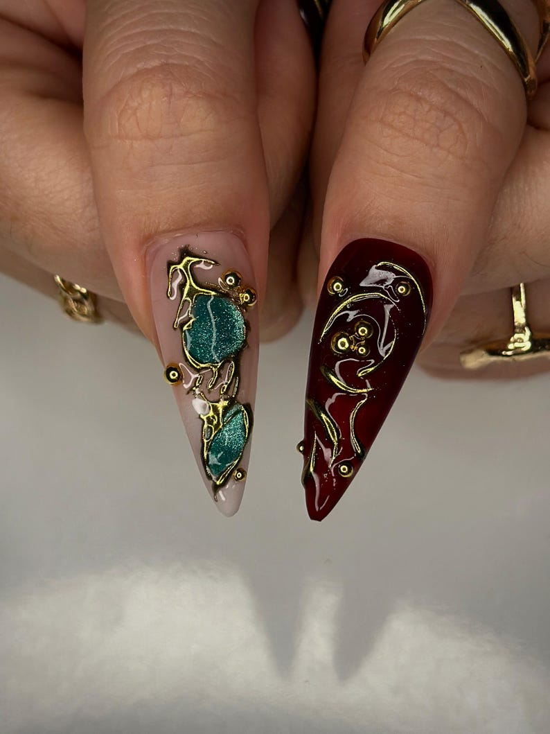Colorful 3D Texture Press On Nails 3D Gemstone Royalty Nail Art Handmade Luxury Statement Nails Elegant Fantasy Nail Set