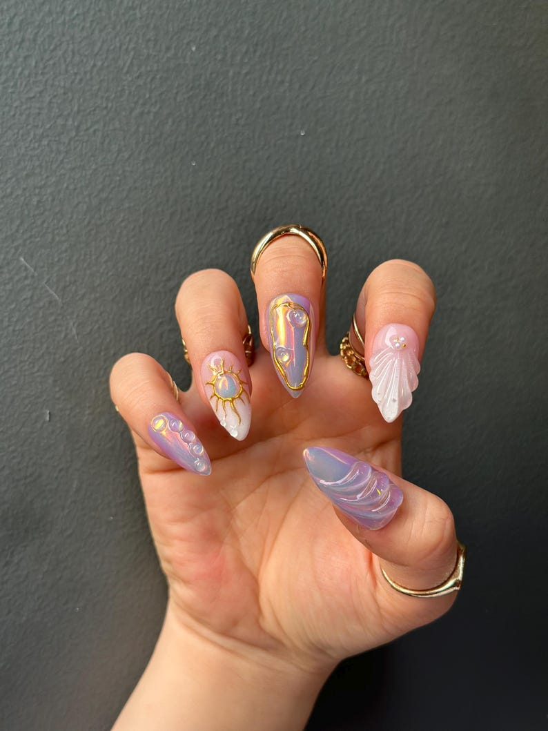 Iridescent Sunshine Press On Nails Golden Sun Nail Art Sunshine & Waves with Gold Accents Handmade Unique Nail Set