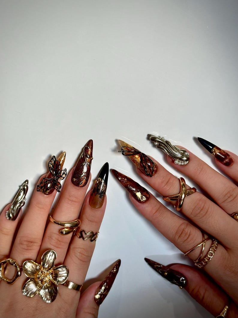 Autumn Butterfly Press On Nails Luxury Handmade Brown Nails Nature Inspired Stiletto Press Ons Elegant Butterfly Design