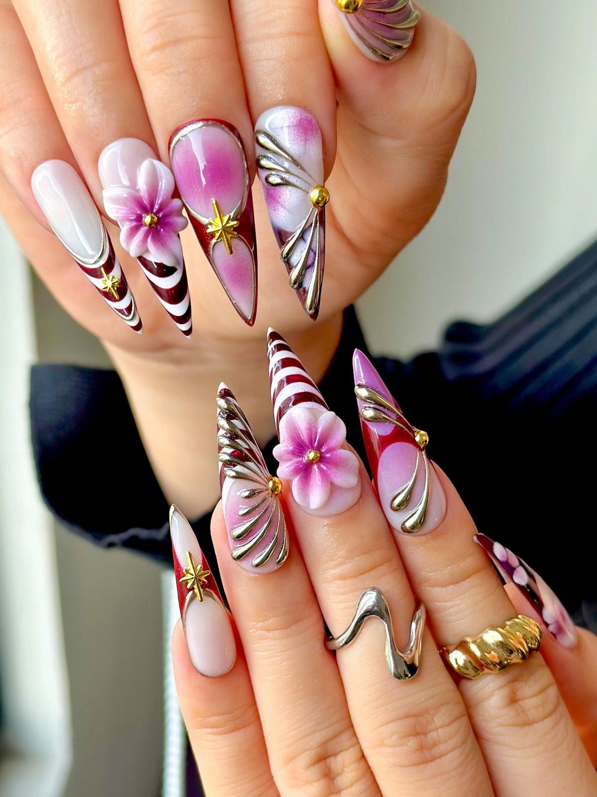 Elegant Violet Floral Press On Nails Purple Chrome Floral Nails| Elegant Holiday Nails Luxury Gradient Press Ons