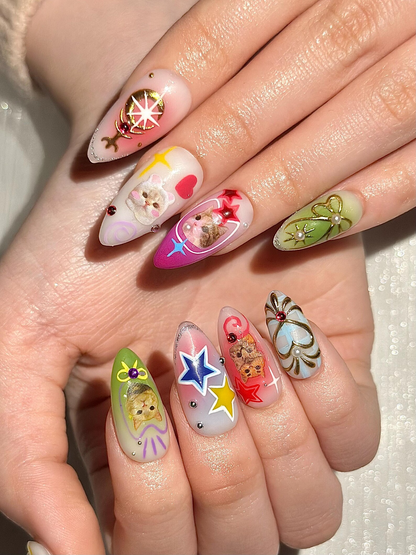 Kawaii Cat Press On Nails Y2K Cute Kitty Nails Colorful Nails Harajuku Pop Nail Art