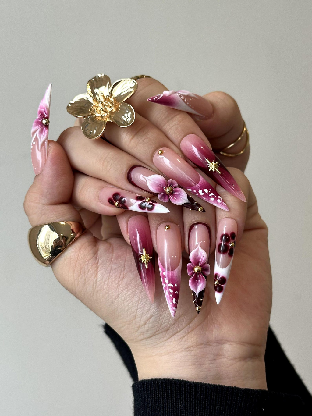 Elegant Floral Press On Nails 3D Floral Ombre Nails Burgundy & Pink Gradient Nail Art