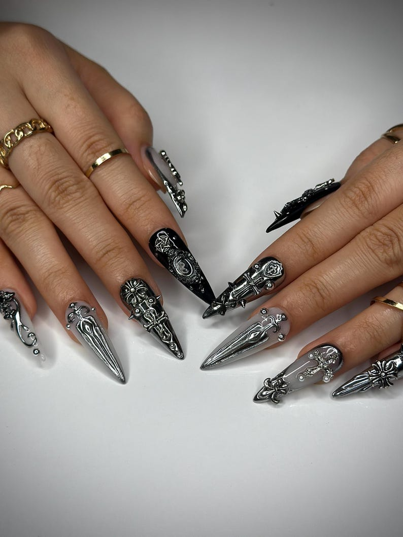 Gothic Silver Sword Press On Nails 3D Cross & Dagger Nail Art Handmade Dark Fantasy Nails Medieval Armor Inspired Press Ons