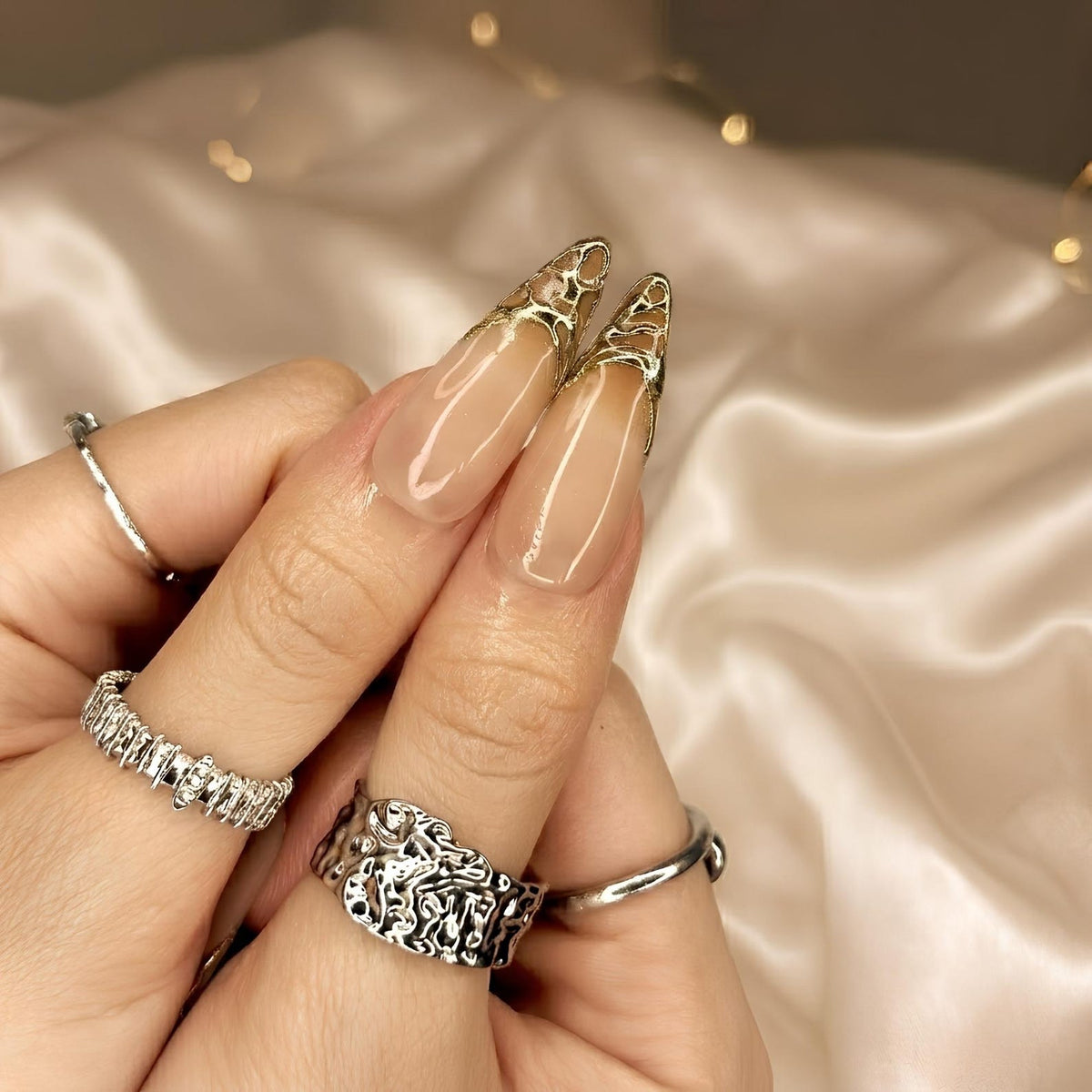 Gold Sun Pearl Press On Nails, Shiny Jelly Brown Nails, Luxury Gold Swirl Art, Bold