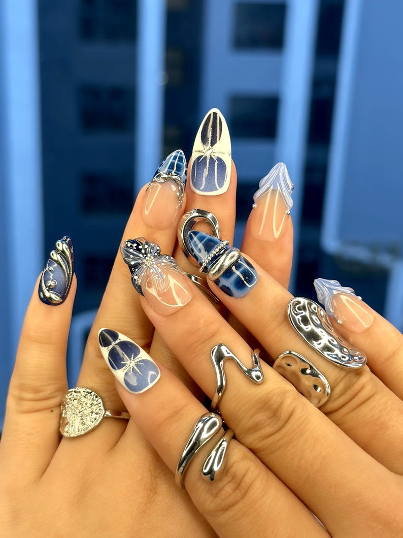 Winter Midnight Spark Press On Nails Blue Chrome Nail Art Silver Star 3D Nails Elegant Winter Press Ons