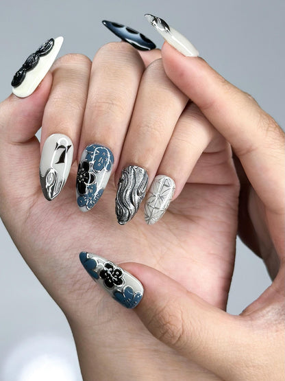 Kpop Inspired Indigo Voyage Nails, 7 Spirit Arirang Silver Shark Nails, Ocean Muse 3D
