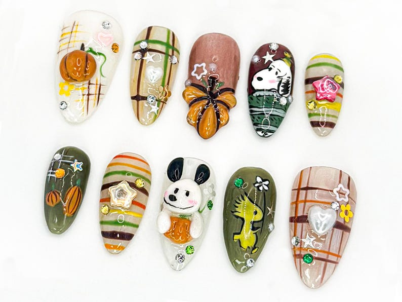 Cute Autumn Press-On Nails| 3D Cartoon & Rustic Style Hand-Painted Nail Art Unique Fall Nail Art Autumn-Themed Press-On Nails|OB588LC