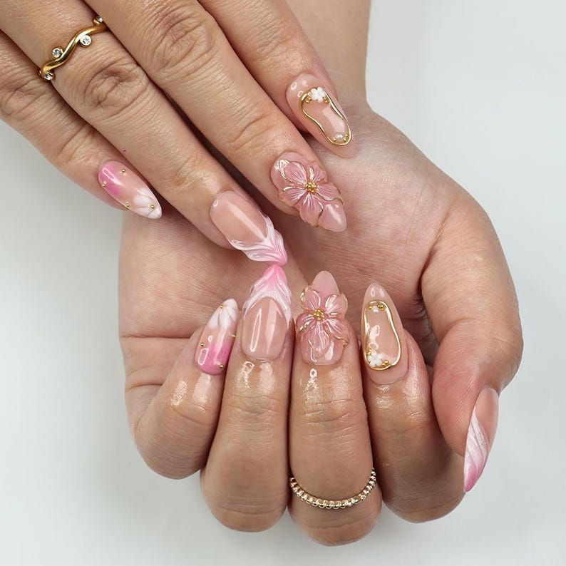 Blush Bloom Elegance Press On Nails with 3D Floral Accents, Gold Details & Pink Ombre