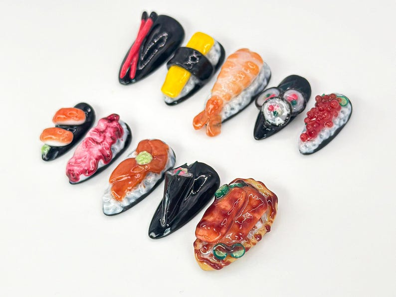 3D Japanese Sushi Press-On Nails Sushi Nails with 3D Rolls and Nigiri Designs Japanese Food Nail Art Fun and Unique Design