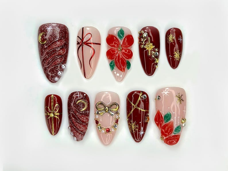 Floral Christmas Press On Nails Red Gift Bow Nails Luxury Winter Nail Art Red Gold Holiday Nail Set