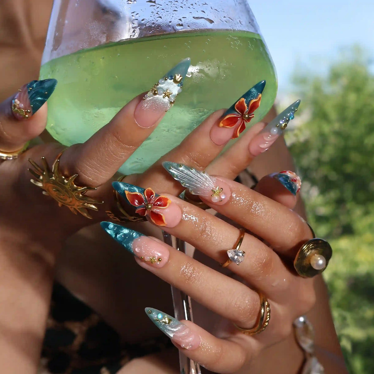 Abyssal Blue 3D Floral Handmade Press On Nails