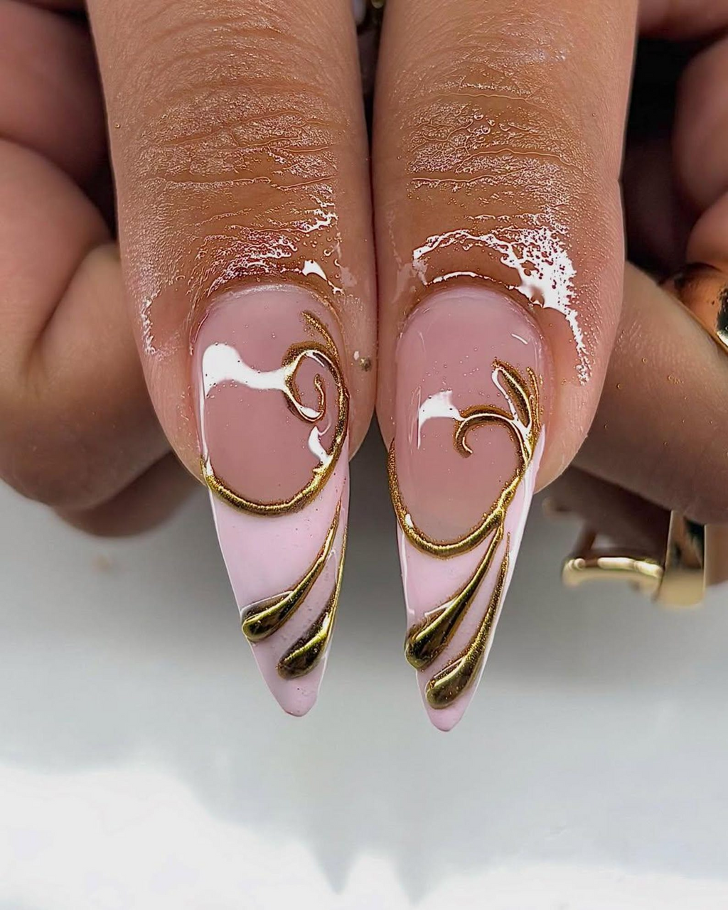 Nude Pink Gold Press On Nails Luxury Molten Metal Nail Art Elegant Long Stiletto Press Ons
