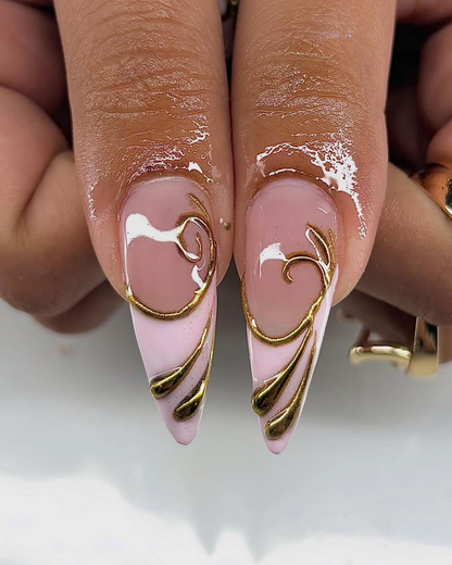 Nude Pink Gold Press On Nails Luxury Molten Metal Nail Art Elegant Long Stiletto Press Ons