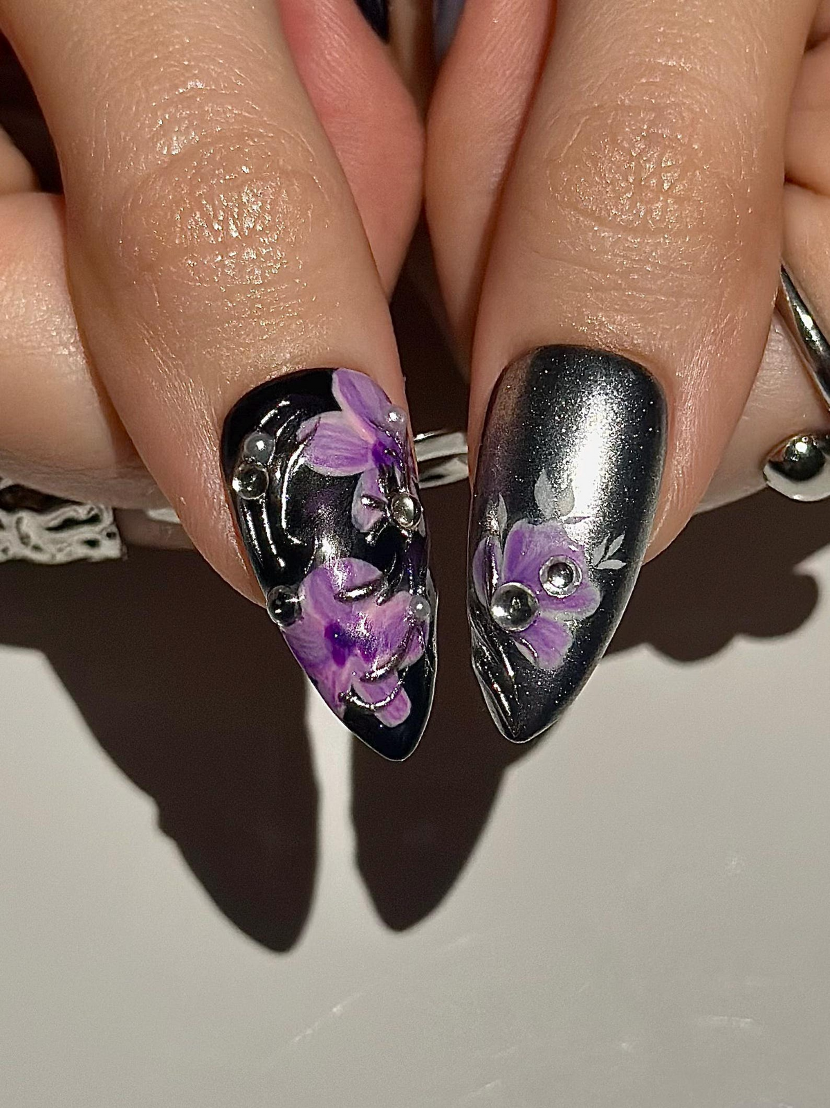 Gothic Violet Chrome Press On Nails Black Silver Luxury Nails 3D Baroque Floral Nails Dark