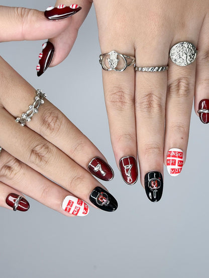Kpop Inspired Arirang Spirit Nails, 7 Spirit Cupid Voyage Press Ons, Red White Silver 3D