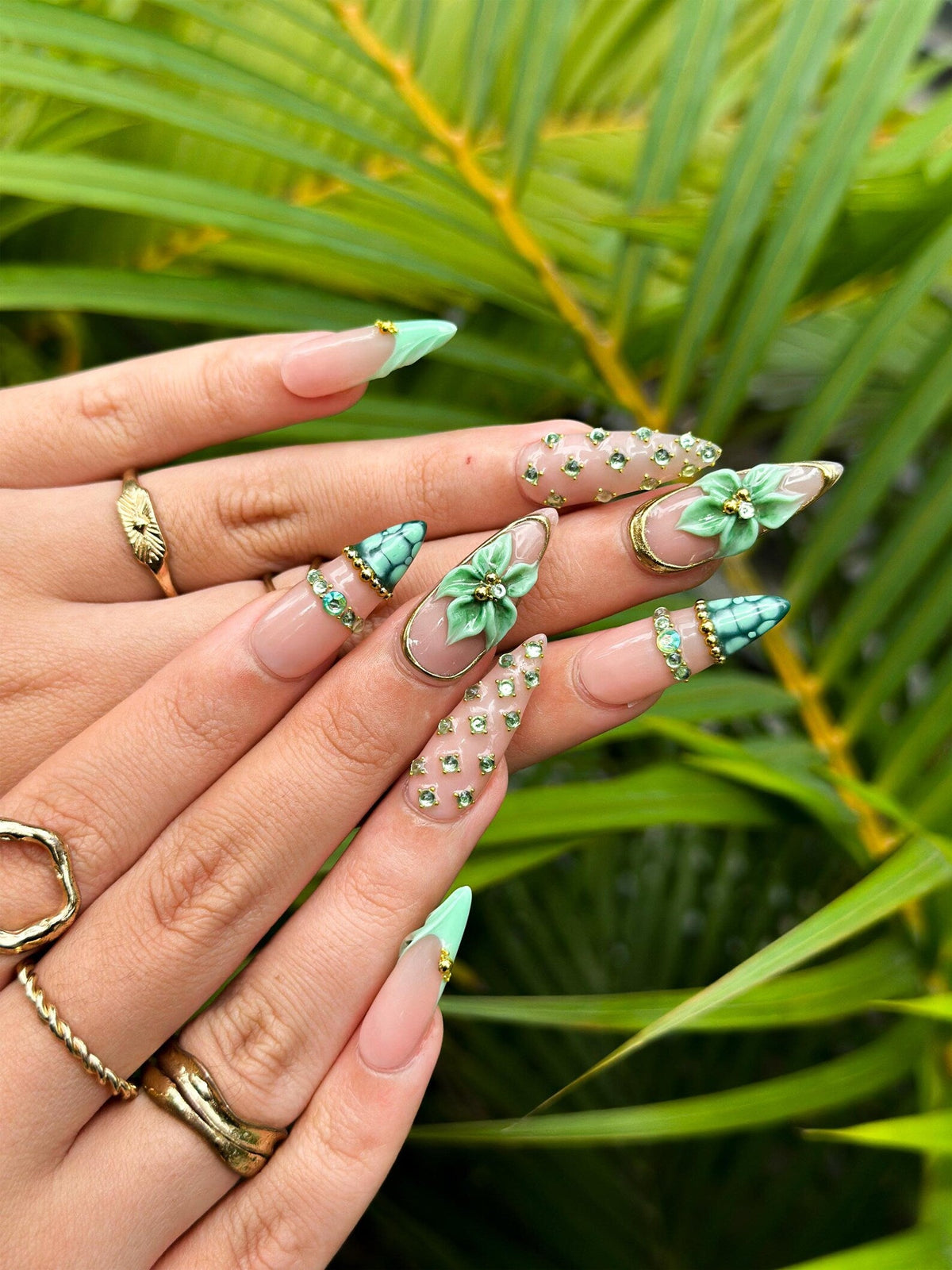 Jade Green Press On Nails with 3D Flower and Gold Detail, Elegant Floral Nails in Almond