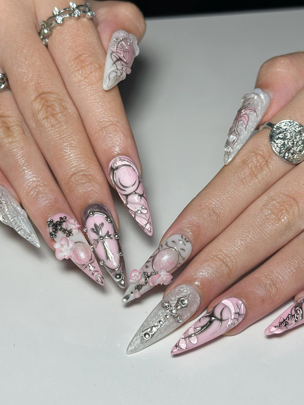 3D Pink Gothic Cyber Nails, Silver Chrome Cross Press Ons, Ethereal Grunge Liquid Metal
