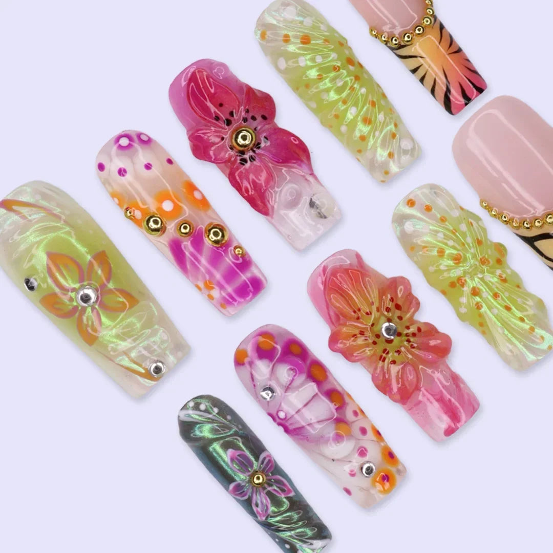 Jungle Mirage Floral Tropical Pink Orange Press On Nails