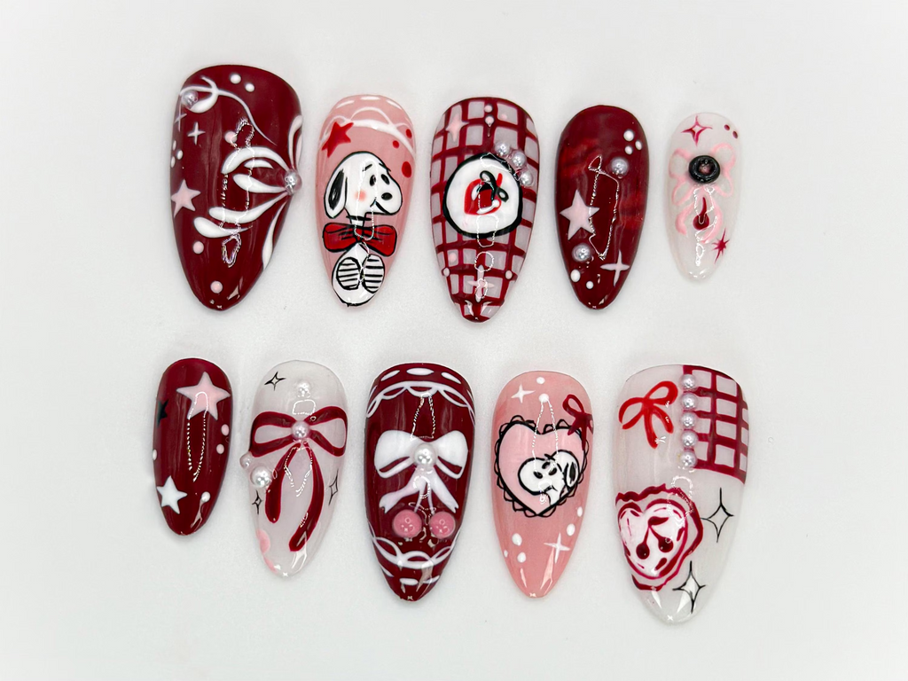 Snoopy-Inspired Red Press On Nails Unique Hand-Painted Snoopy Design Charming Stars and Bows Nail Set Artistic Handmade Nail OB566HK