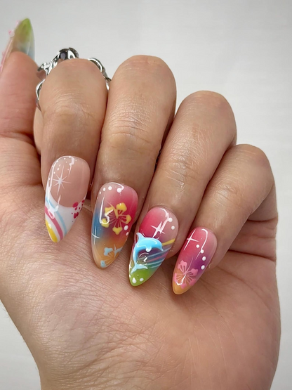 Midnight Sun Press On Nails for Y2K Lovers Sunset Ombre Rainbow Nails with 3D Floral Art