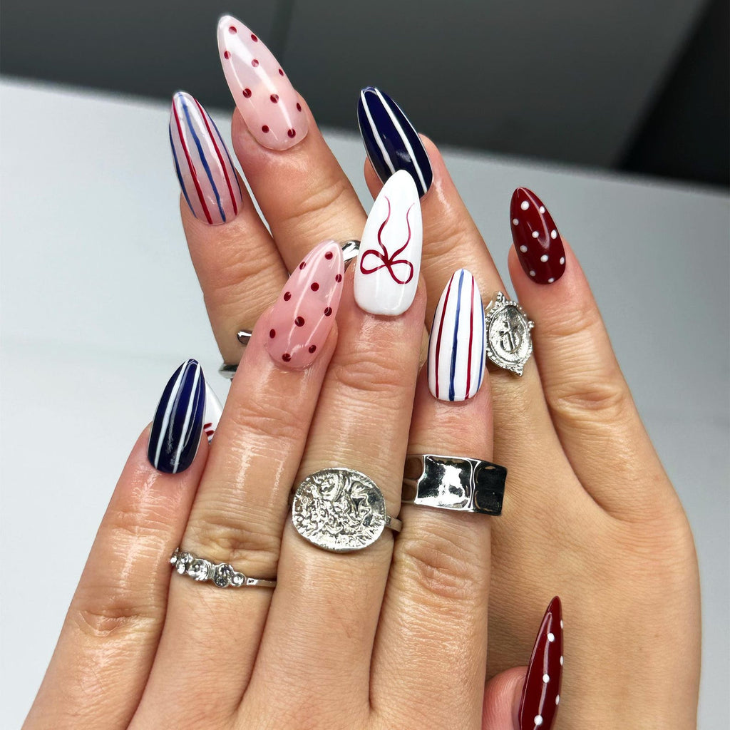 4th of July Press On Nails, Red White Blue Coquette Nails, Patriotic Almond Nails, USA