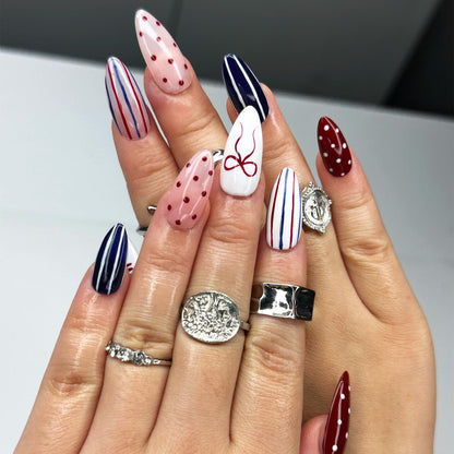 4th of July Press On Nails, Red White Blue Coquette Nails, Patriotic Almond Nails, USA