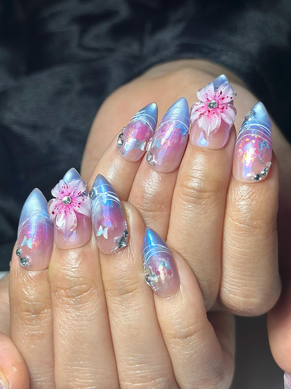 Aurora Galaxy Floral Press On Nails Iridescent Chrome Stiletto Nails 3D Sakura Flower