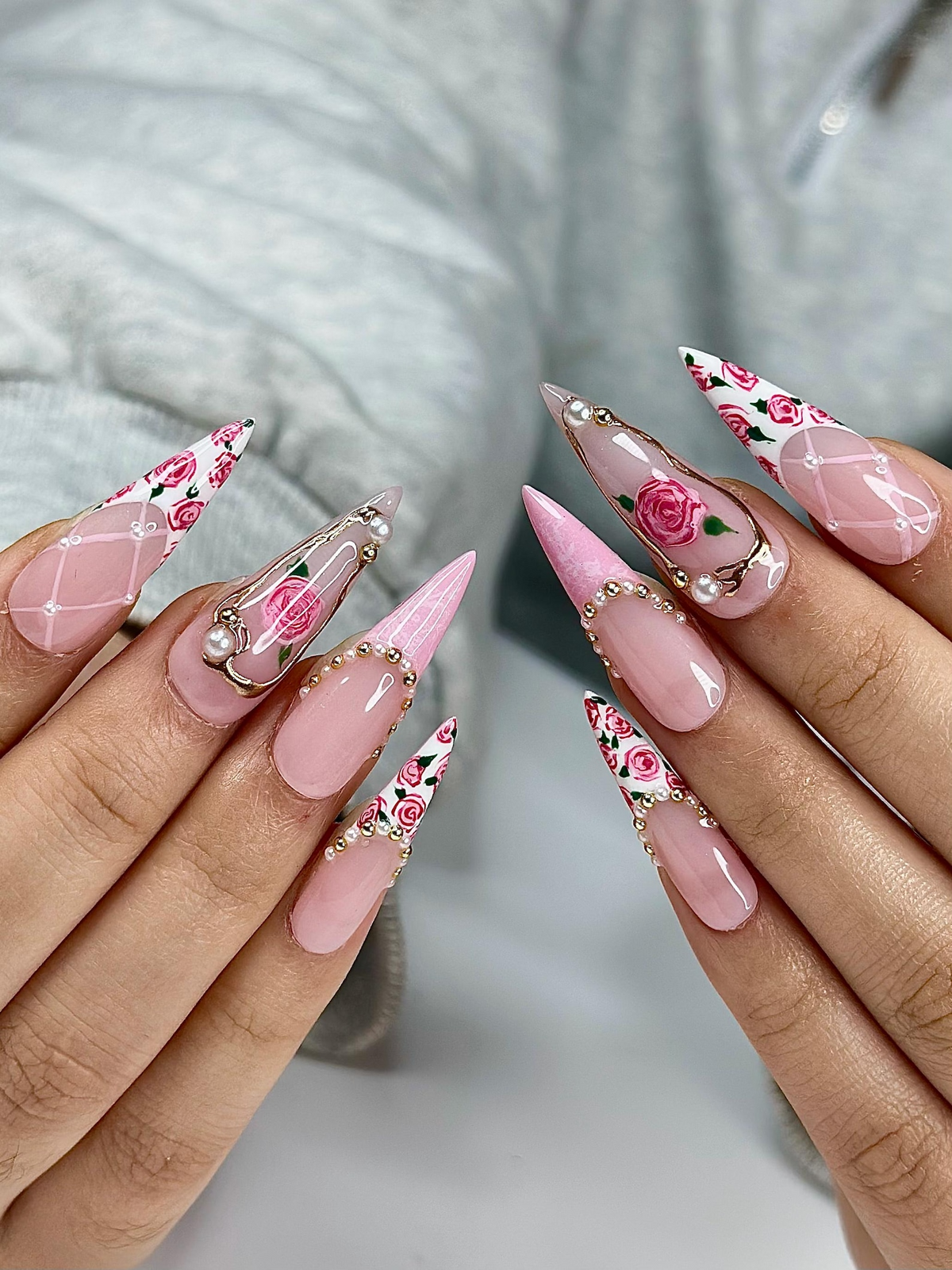 Pink Rose Press On Nails for Bridal Handmade Rose Flower Nails with Pearls Elegant Wedding