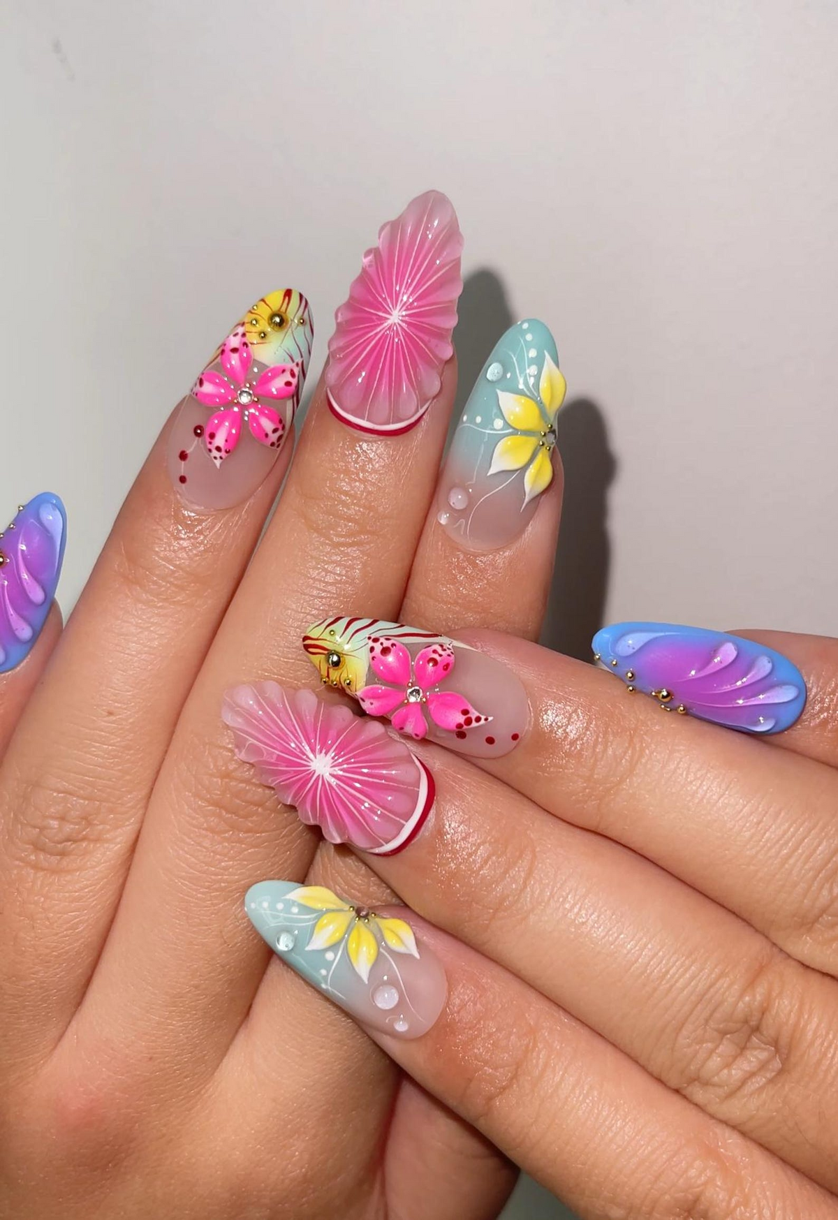 Tropical Bloom Press On Nails 3D Flower Summer Nails Colorful Citrus Slice Nails Hand