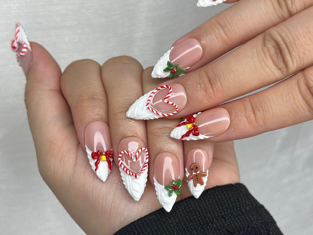 Winter Wonderland Press On Nails For Christmas 3D Christmas Cookie Nail Art Red White Holiday Nails Gingerbread & Bow Press Ons