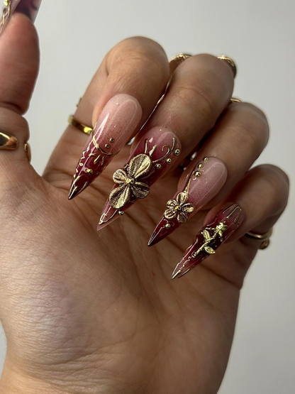 Golden Red Press On Nails Burgundy & Gold Floral Nail Art 3D Metallic Flower Design Luxury Nail Set Long Stiletto Press Ons