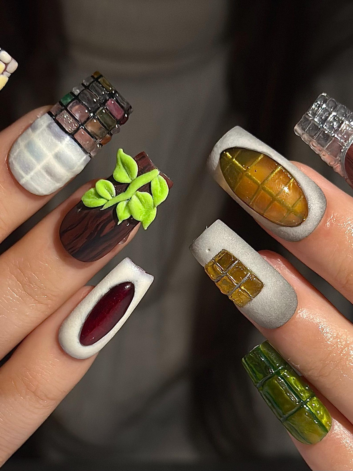 Abstract Texture Press On Nails, Mixed Media Artisan Nails with 3D Foliage, Handcrafted