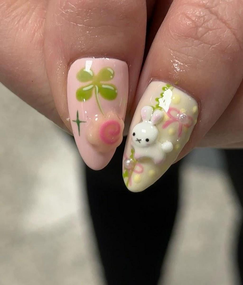 Kawaii Cute Press On Nails by DoryNails Pastel Bunny Clover 3D Press Ons Sakura Bunny Fake Nails Kawaii Spring Nail Art OB827YC