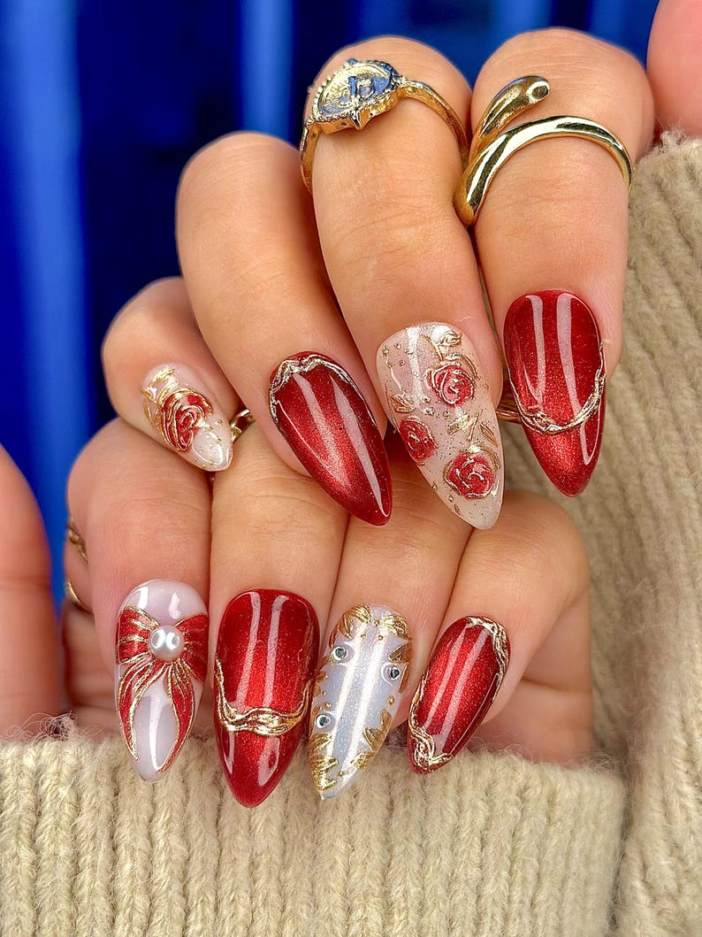 Press On Nails For Christmas Holiday Christmas Nails Gold Leaf Luxury Nail Art Pearl Accent Classy Nails