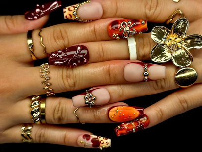 Fall Orange Leopard Press On Nails Autumn Handmade Luxury Set 3D Bow & Butterfly Nail Art Fall Statement Design