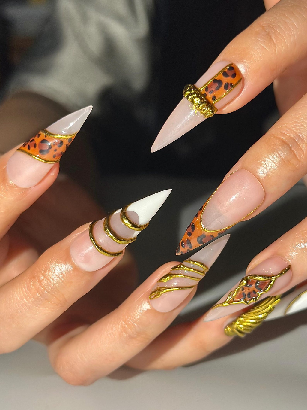 Gold Leopard Luxury Press On Nails 3D Metallic Chrome Nails Animal Print Stiletto Glam