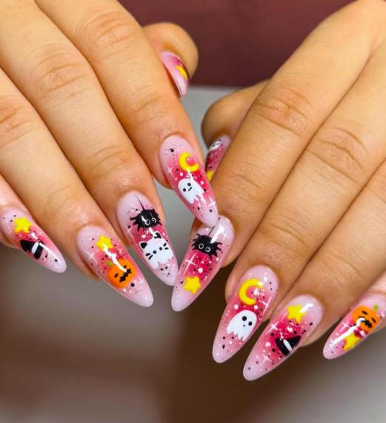 Spooky Kawaii Halloween Press On Nails, Pink Ghost & Pumpkin Nail Art, Cat and Witch Hat