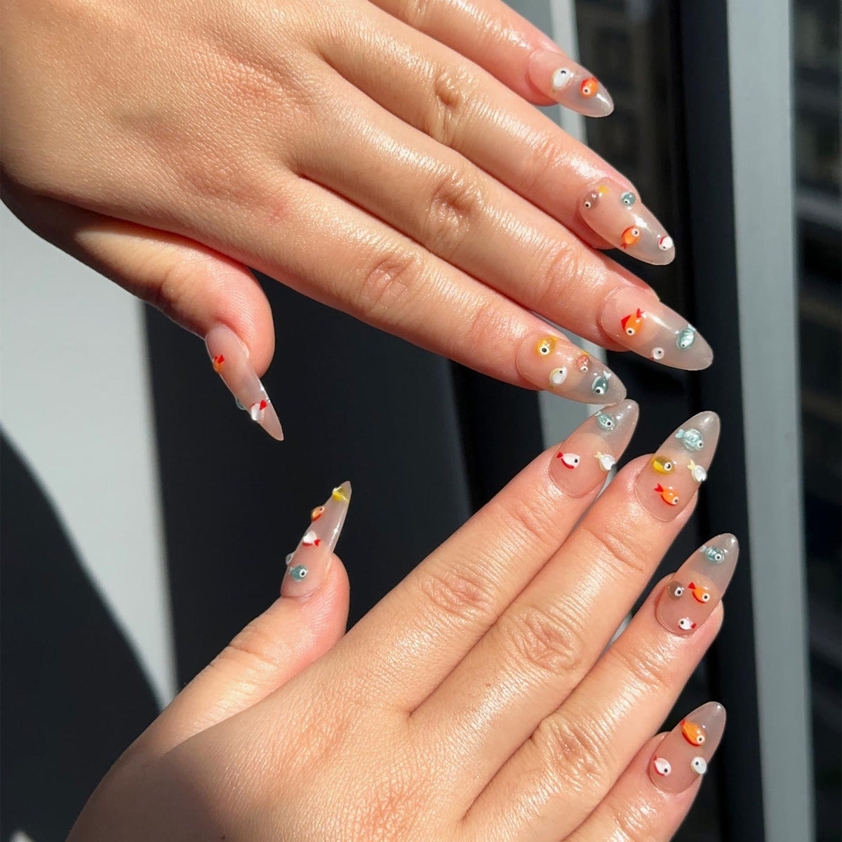 3D Fish Press On Nails, Cute Aquarium Almond Nails, Handpainted Ocean Jelly Fake Nails